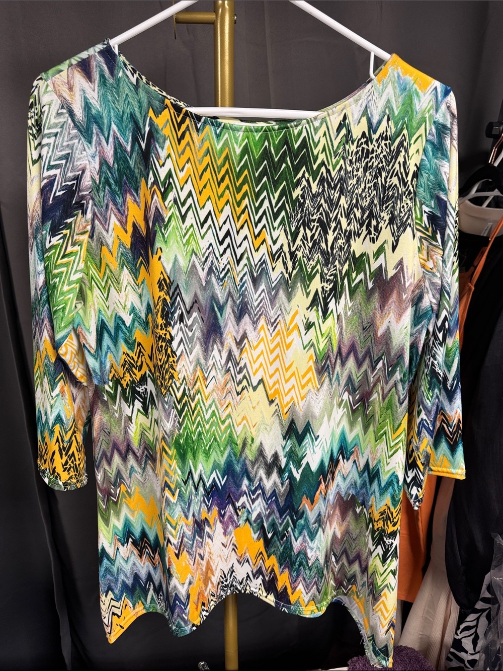 Peck & Peck Multicolor Zigzag Boatneck Top — Green, Yellow, Blue, Cream